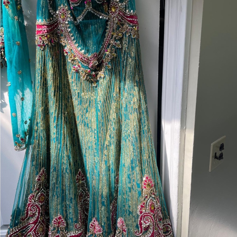 Embellished Teal and Pink Top Lengha - Picture 12 of 13
